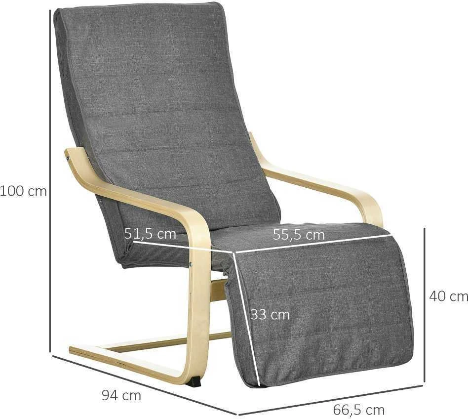 Sofa HOMCOM poilsio krėslas supamasis krėslas, poilsio kėdė, reguliuojama kėdė su kojų atrama, valgomojo kėdė su lino išvaizda svetainei, beržo mediena, pilka 66,5 x 94 x 100 cm