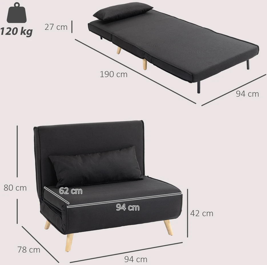 HOMCOM miegamasis fotelis, 2 viename išskleidžiama sofa su lovos funkcija, dekoratyvinė pagalvėlė, sulankstomas fotelis su reguliuojamu atlošu, lino išvaizda, poilsio fotelis iki 350 kg svetainei, juodas | Aosom