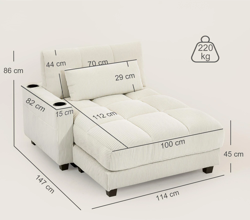Sofa-lova su pagalvėmis, porolonas, transformuojama į lovą, puodelių laikiklis, kreminės baltos spalvos