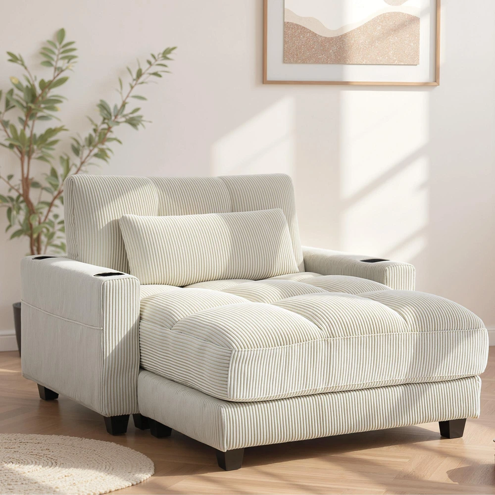 Sofa-lova su pagalvėmis, porolonas, transformuojama į lovą, puodelių laikiklis, kreminės baltos spalvos