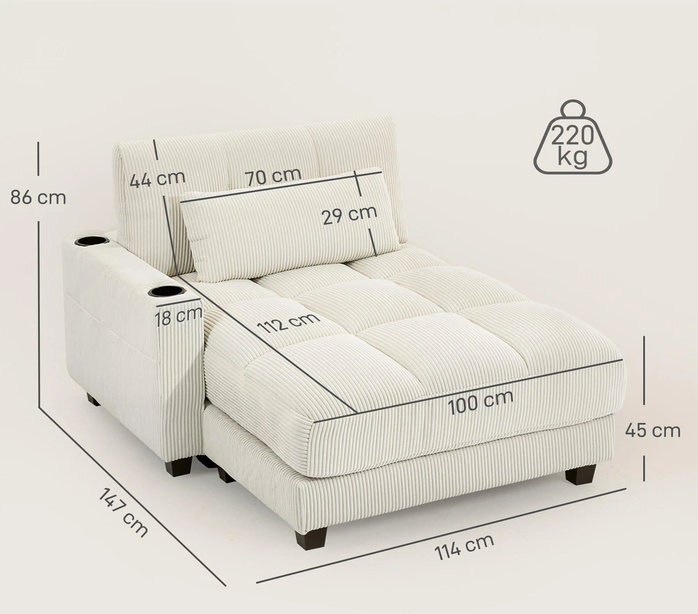 Sofa-lova su pagalvėmis, porolonas, transformuojama į lovą, puodelių laikiklis, kreminės baltos spalvos
