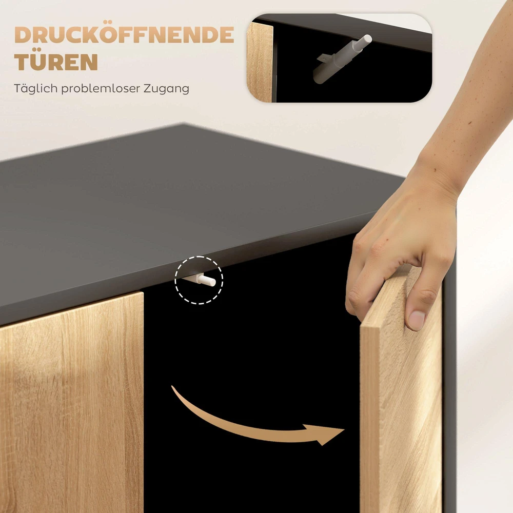 Šoninė spintelė su „push-to-open“ durelėmis, valgomojo spintelė su metalinėmis kojelėmis, virtuvės spintelė, MDF, juoda + natūralus medis