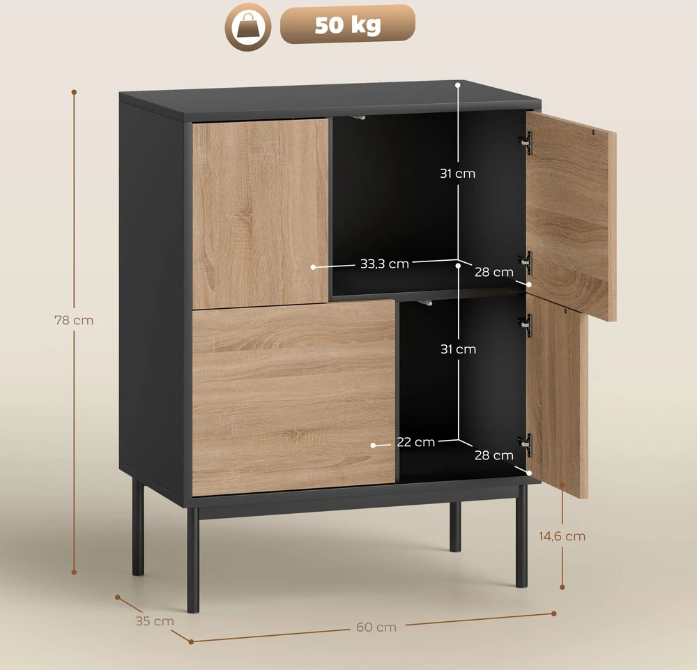 Šoninė spintelė su „push-to-open“ durelėmis, valgomojo spintelė su metalinėmis kojelėmis, virtuvės spintelė, MDF, juoda + natūralus medis