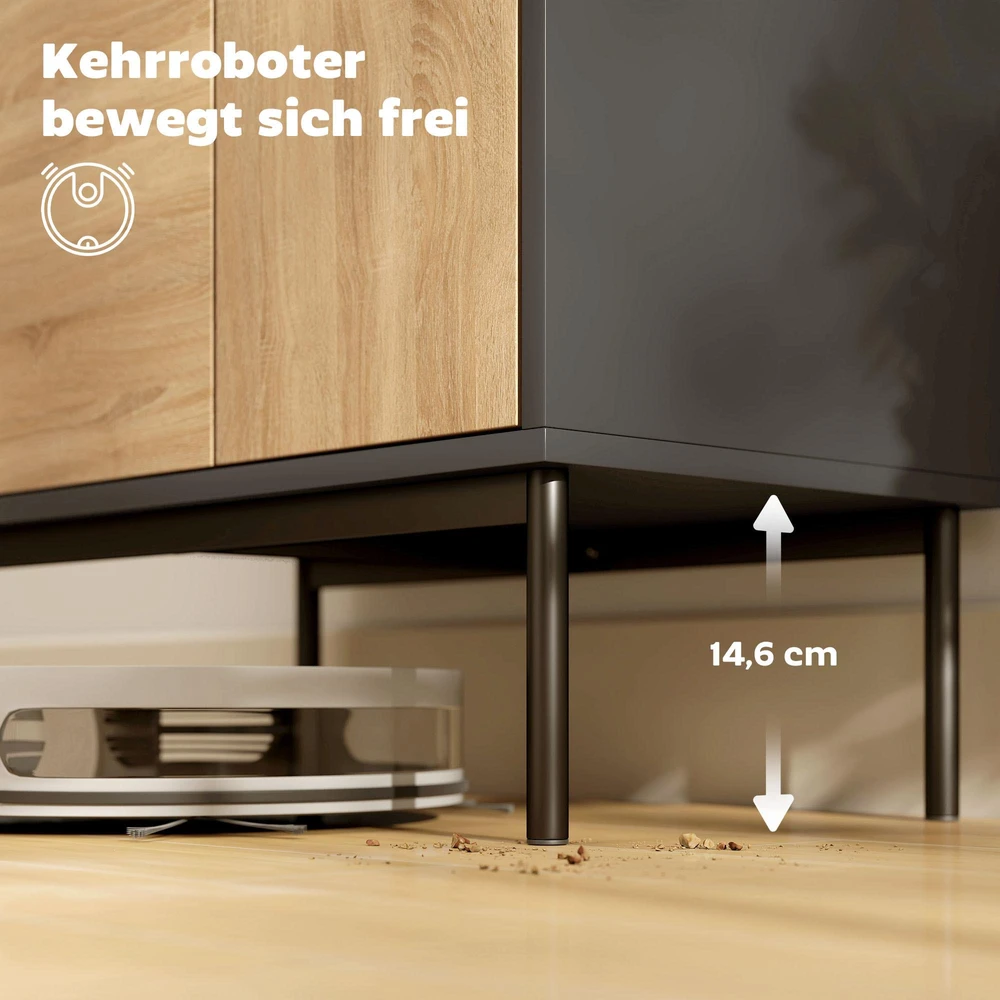 Šoninė spintelė su „push-to-open“ durelėmis, valgomojo spintelė su metalinėmis kojelėmis, virtuvės spintelė, MDF, juoda + natūralus medis