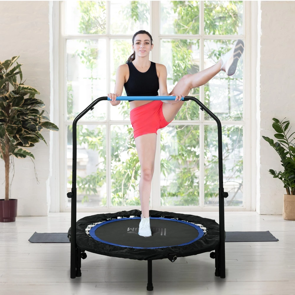 Homcom SPORTNOW 102 cm fitneso batutas, sulankstomas mini batutas su 4 lygių reguliuojama rankena, LCD monitoriumi, fitneso rebounder suaugusiems, vaikams, iki 100 kg