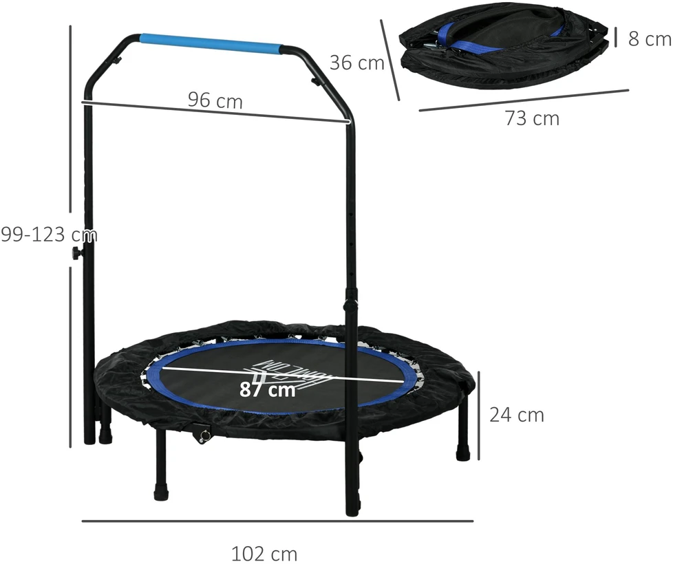 Homcom SPORTNOW 102 cm fitneso batutas, sulankstomas mini batutas su 4 lygių reguliuojama rankena, LCD monitoriumi, fitneso rebounder suaugusiems, vaikams, iki 100 kg