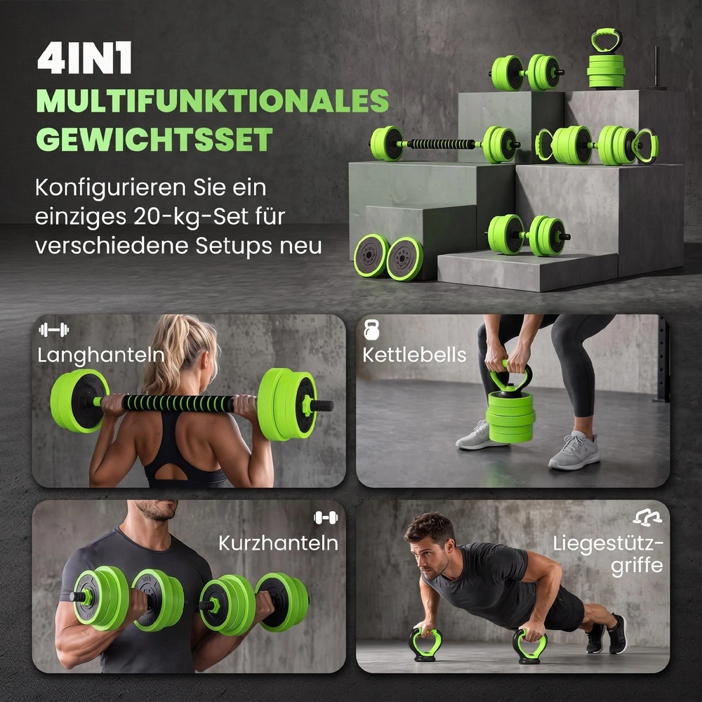 SPORTNOW 4-in-1 hantelių rinkinys, 20 kg, reguliuojami svarmenys, štanga, virdulys (kettlebell), atsispaudimų rankenos, profesionaliam jėgos treniruočių ir svorių kilnojimo sportui namuose