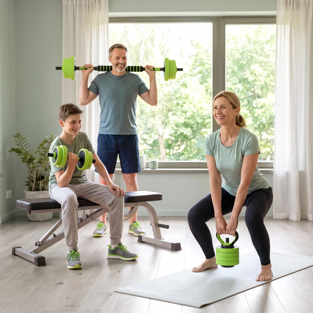 SPORTNOW 4-in-1 hantelių rinkinys, 20 kg, reguliuojami svarmenys, štanga, virdulys (kettlebell), atsispaudimų rankenos, profesionaliam jėgos treniruočių ir svorių kilnojimo sportui namuose