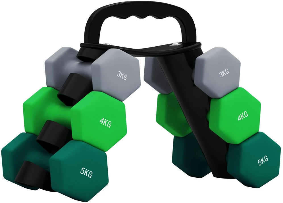 SPORTNOW 6 dalių hantelių rinkinys 2 x 3kg, 2 x 4kg, 2 x 5kg, hantelių rinkinys su stovu, šešiakampiai hanteliai, jėgos treniruotėms, sportui namuose, pilka+žalia+turkio spalva