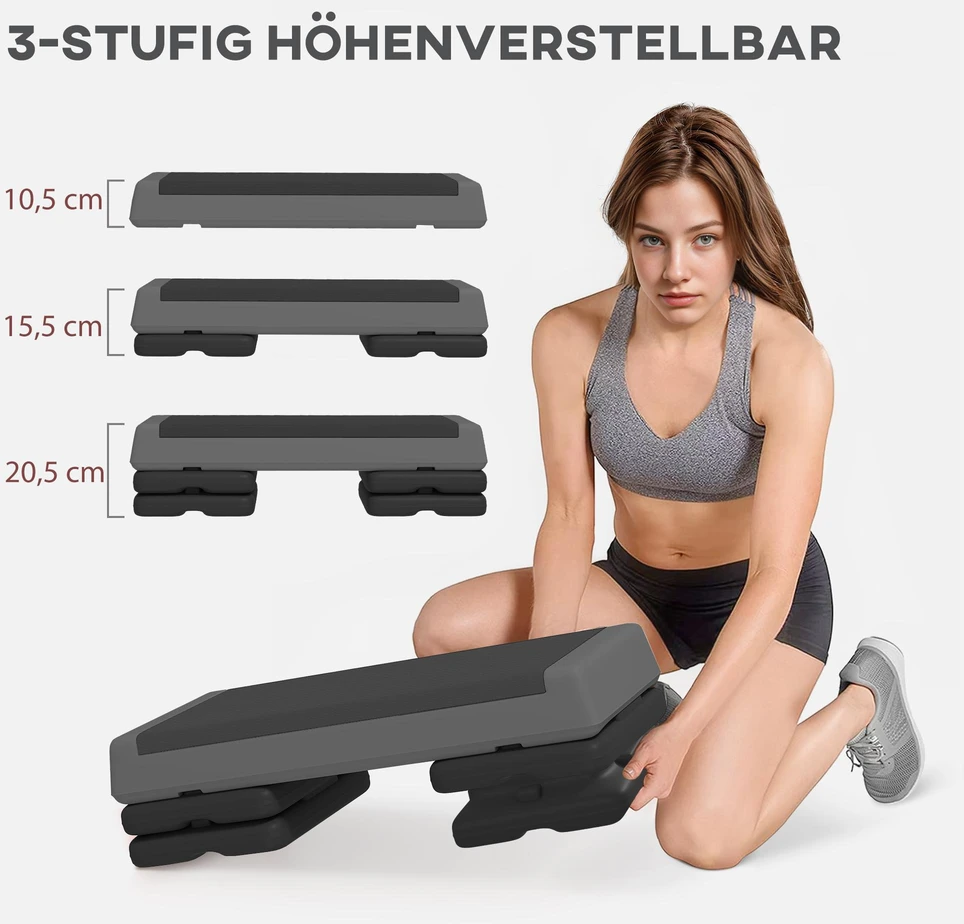 SPORTNOW aerobikos stepas, 10,5/15,5/20,5 cm reguliuojamo aukščio platforma, neslystantis, skirtas namams, sporto salei, biurui, plastikas, pilkas