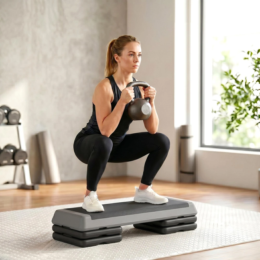 SPORTNOW aerobikos stepas, 10,5/15,5/20,5 cm reguliuojamo aukščio platforma, neslystantis, skirtas namams, sporto salei, biurui, plastikas, pilkas