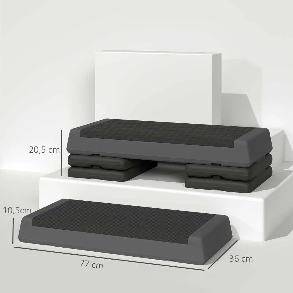 SPORTNOW aerobikos stepas, 10,5/15,5/20,5 cm reguliuojamo aukščio platforma, neslystantis, skirtas namams, sporto salei, biurui, plastikas, pilkas