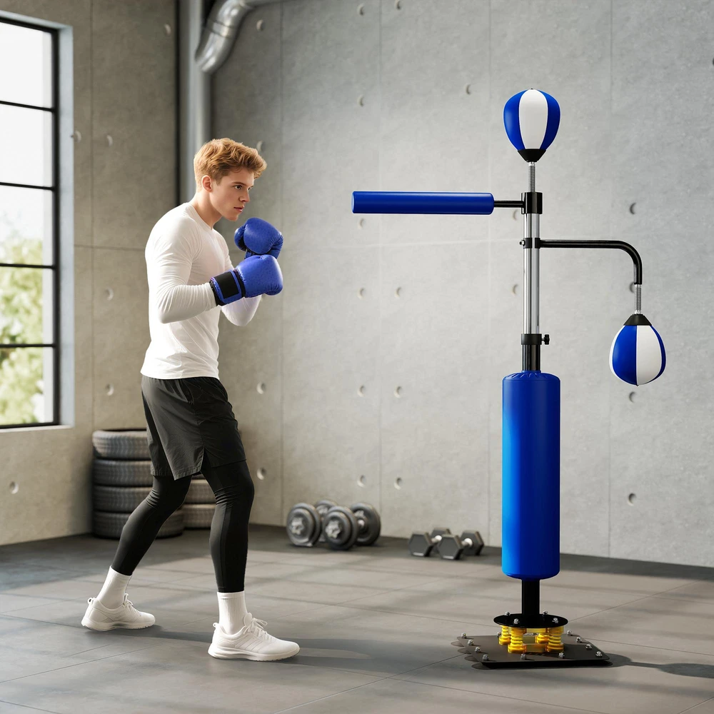 SPORTNOW bokso stovas, du greičio kamuoliai, besisukanti bokso rankena, kojų smūgių pagalvėlė, reguliuojamo aukščio, plienas, 107 x 36 x 140-205 cm, mėlynas
