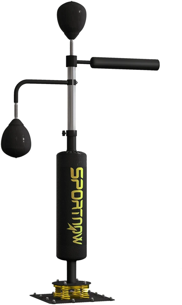 SPORTNOW bokso stovas, du greičio kamuoliai, besisukantis bokso strypas, smūgio pagalvė, reguliuojamo aukščio, plienas, 107 x 36 x 140-205 cm, juodas