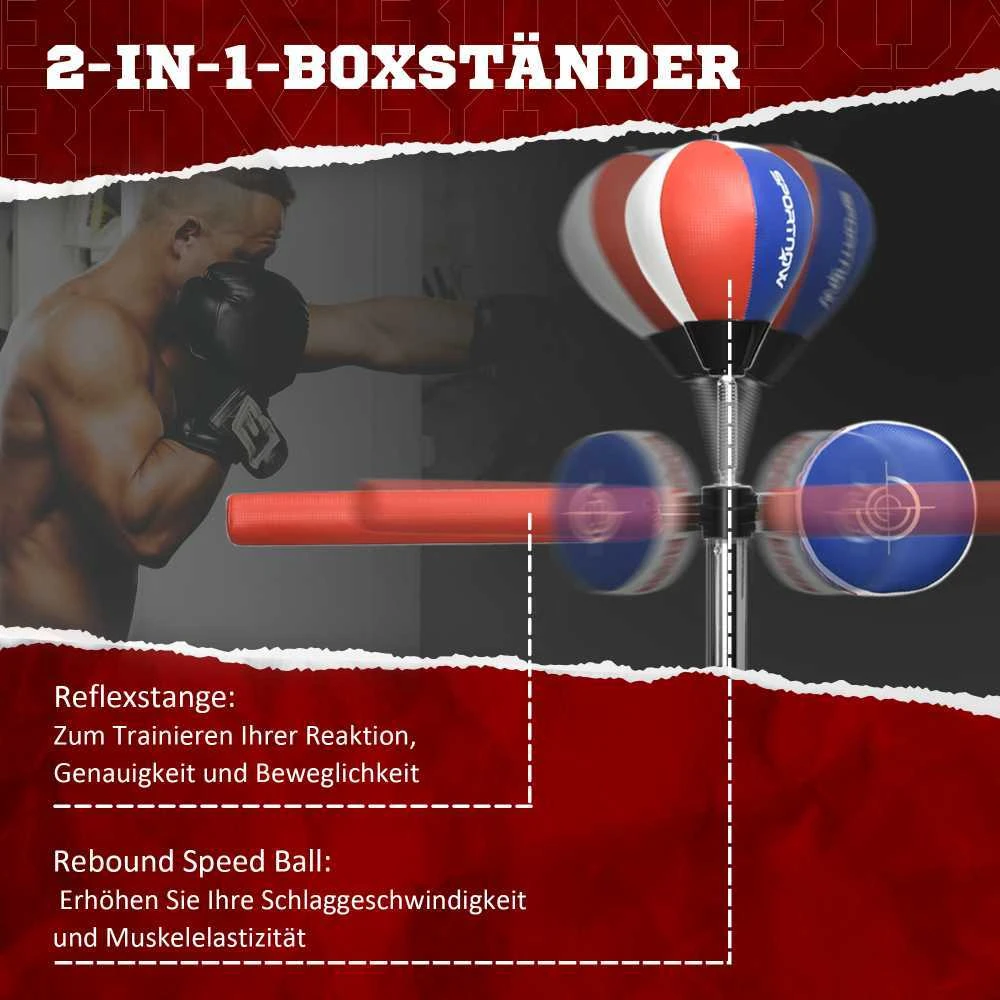 SPORTNOW bokso maišas, bokso stovas su bokso kriauše, refleksinė stangos rankena, 1,63–2,05 m reguliuojamo aukščio pastatoma bokso kriaušė su taikiniu, HDPE, dirbtinė oda