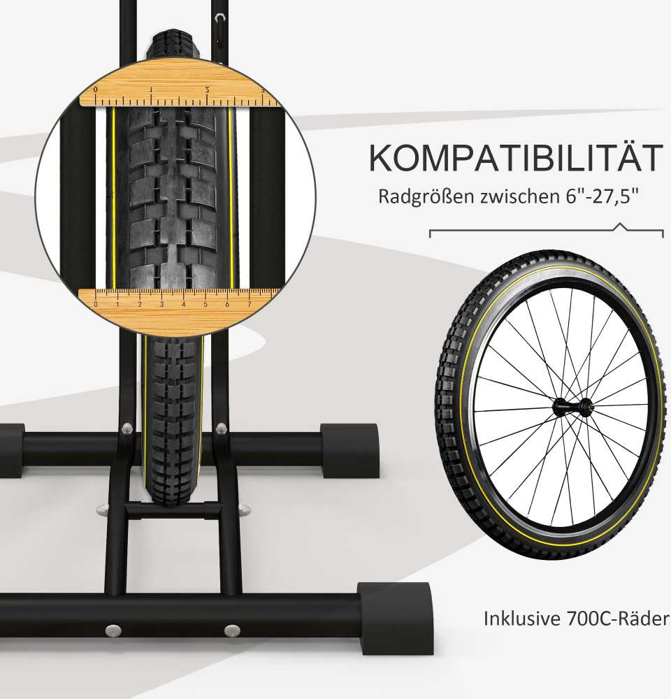 SPORTNOW dviračių stovas vertikalus ir horizontalus radikaliai reguliuojamas stovas 6"-28" ir 700c dviračiams 45 x 44 x 118 cm, metalinis juodas | Aosom