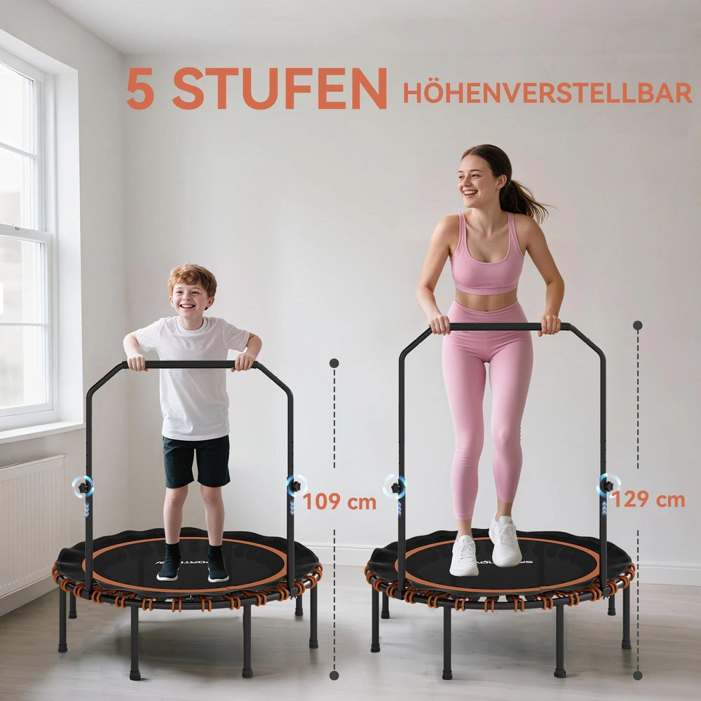 SPORTNOW fitneso batutas su reguliuojamu turėklu, sportinis batutas naudojimui viduje ir lauke, plienas, plastikas, oranžinis