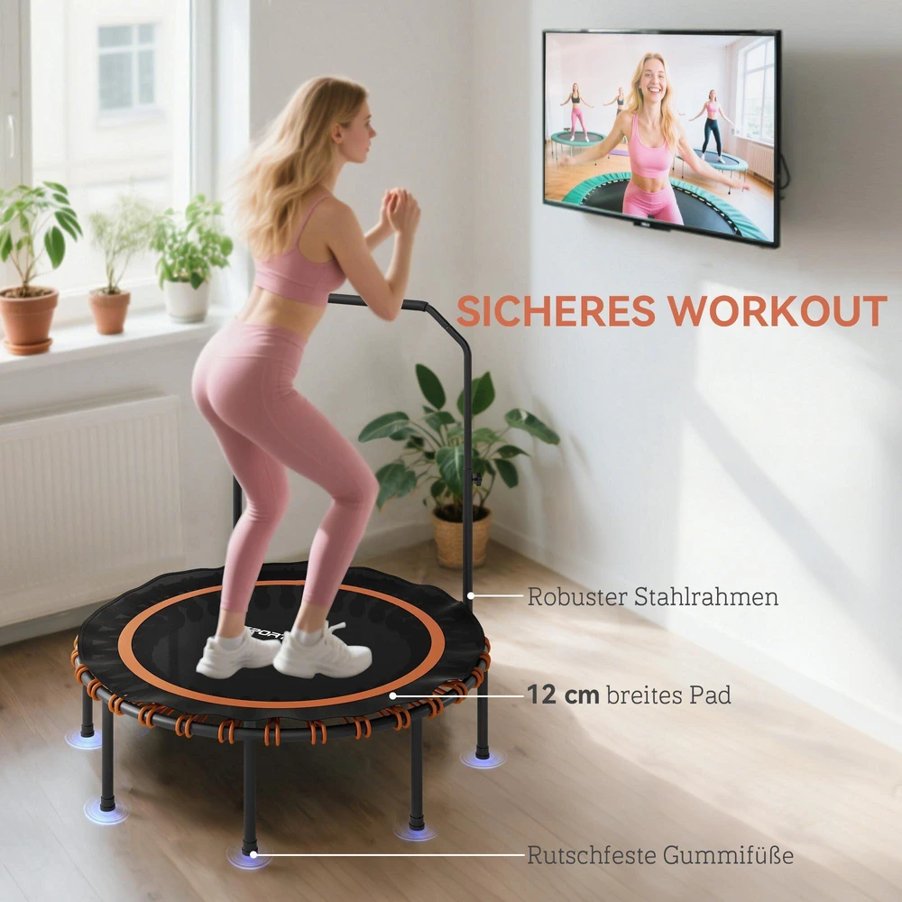 SPORTNOW fitneso batutas su reguliuojamu turėklu, sportinis batutas naudojimui viduje ir lauke, plienas, plastikas, oranžinis