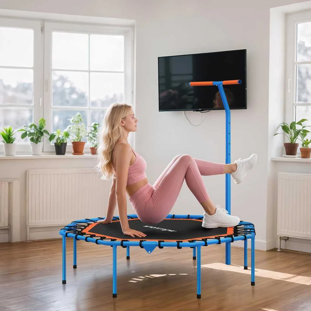 SPORTNOW treniruočių batutas, fitneso batutas su reguliuojama rankena, stabilus ir tylus, naudojimui patalpose, plieno, mėlynas