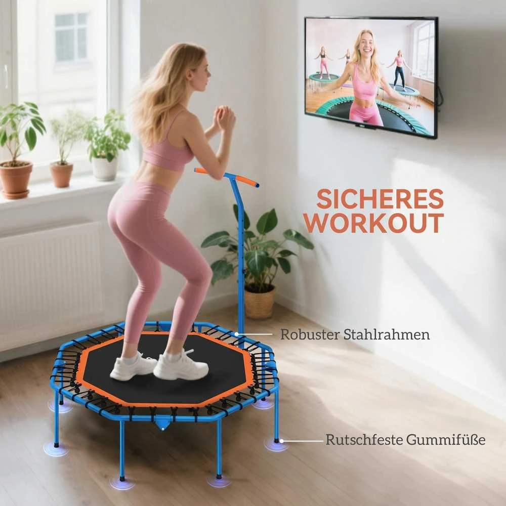 SPORTNOW treniruočių batutas, fitneso batutas su reguliuojama rankena, stabilus ir tylus, naudojimui patalpose, plieno, mėlynas