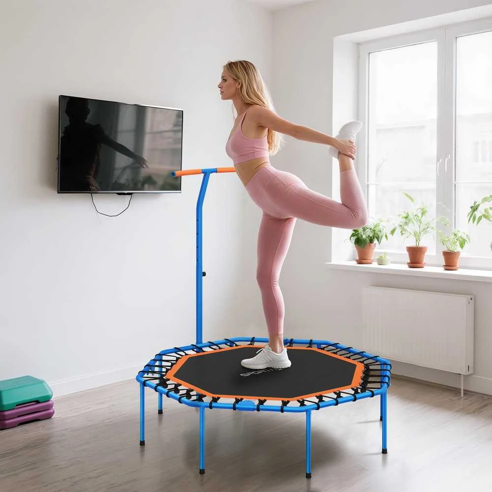 SPORTNOW treniruočių batutas, fitneso batutas su reguliuojama rankena, stabilus ir tylus, naudojimui patalpose, plieno, mėlynas