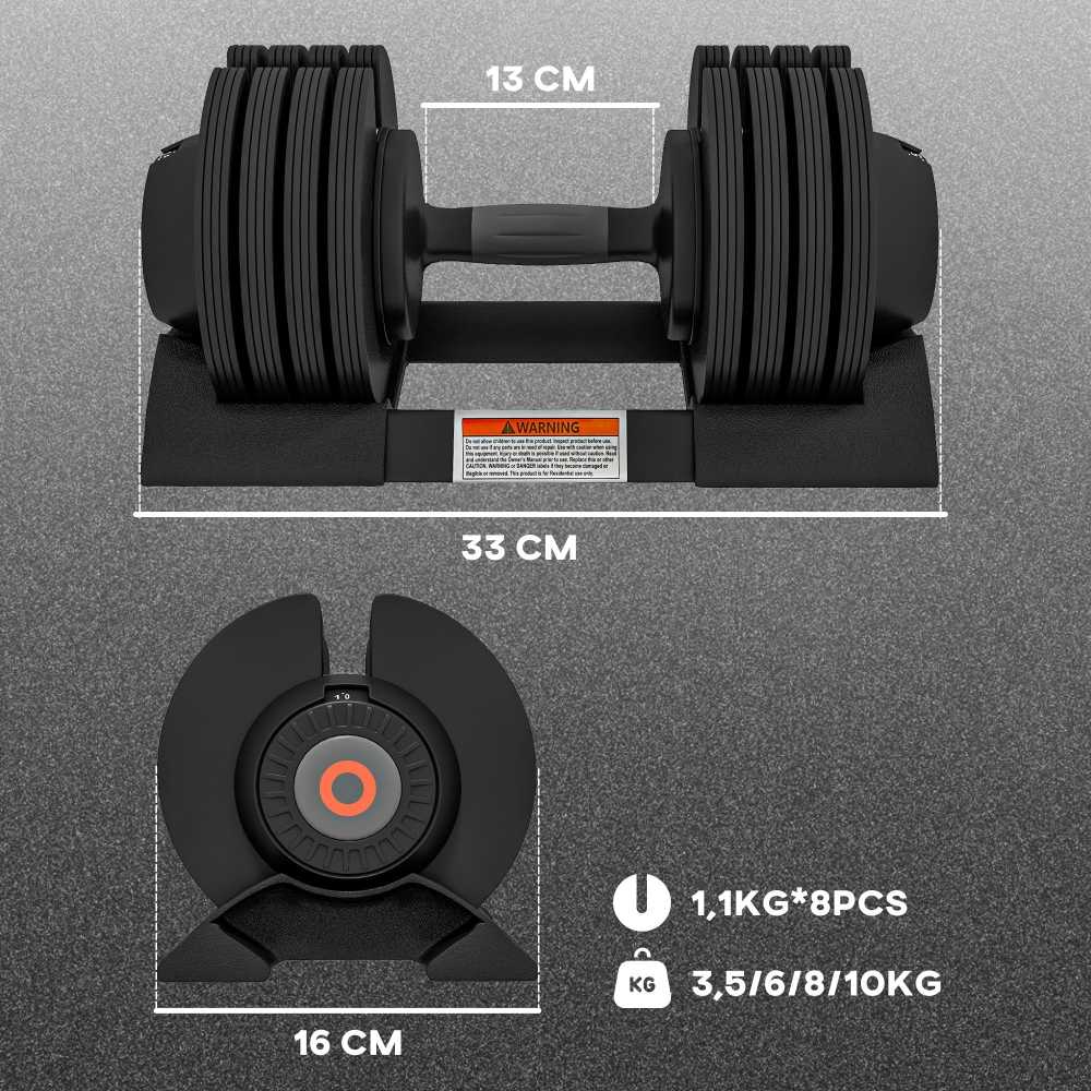 SPORTNOW reguliuojami hanteliai, 3,5/6/8/10 kg, su dėklu, neslystančiomis rankenomis, jėgos treniruotėms, plieniniai, juodi | Aosom