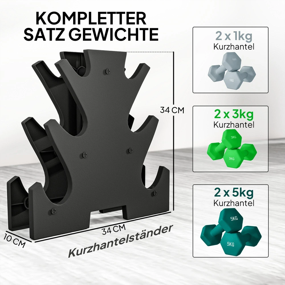 SPORTNOW hantelių rinkinys, 6 hanteliai su stovu, 2 x 1kg, 2 x 3kg, 2 x 5kg metalinis hantelių komplektas fitnesui, mankštai ir namams