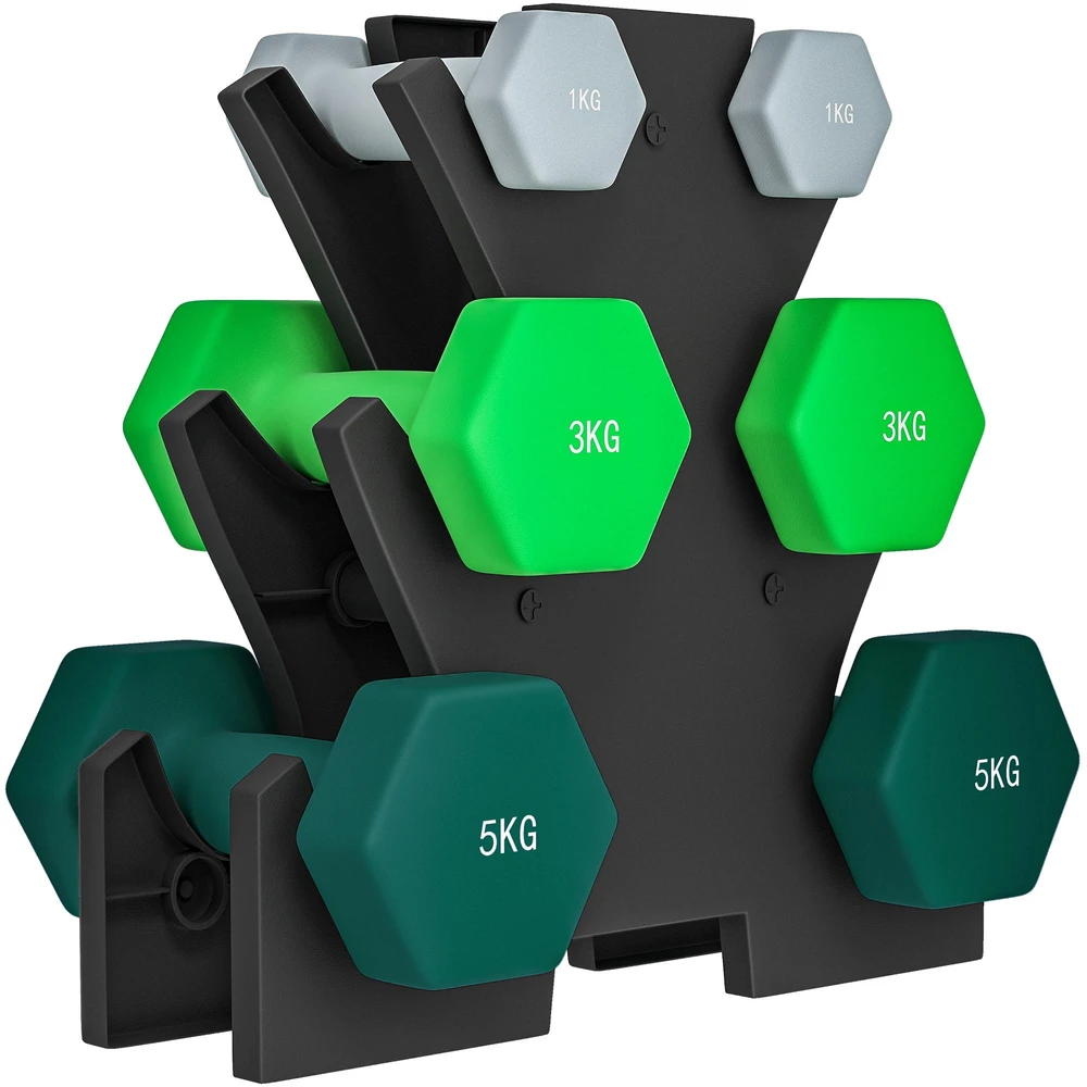 SPORTNOW hantelių rinkinys, 6 hanteliai su stovu, 2 x 1kg, 2 x 3kg, 2 x 5kg metalinis hantelių komplektas fitnesui, mankštai ir namams