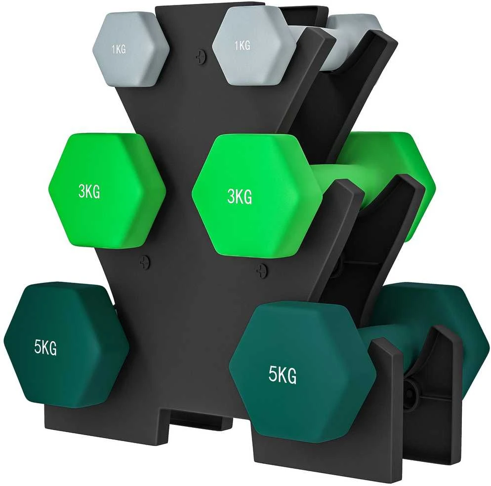 SPORTNOW hantelių rinkinys, 6 hanteliai su stovu, 2 x 1kg, 2 x 3kg, 2 x 5kg metalinis hantelių komplektas fitnesui, mankštai ir namams