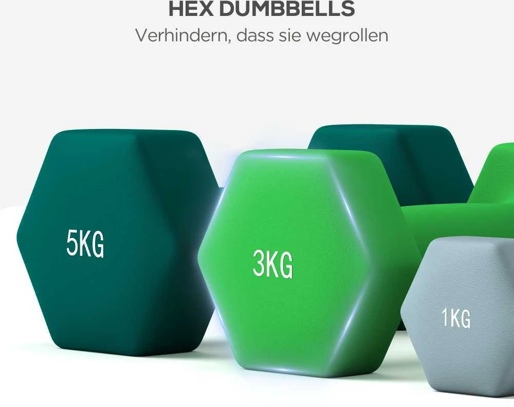 SPORTNOW hantelių rinkinys, 6 hanteliai su stovu, 2 x 1kg, 2 x 3kg, 2 x 5kg metalinis hantelių komplektas fitnesui, mankštai ir namams