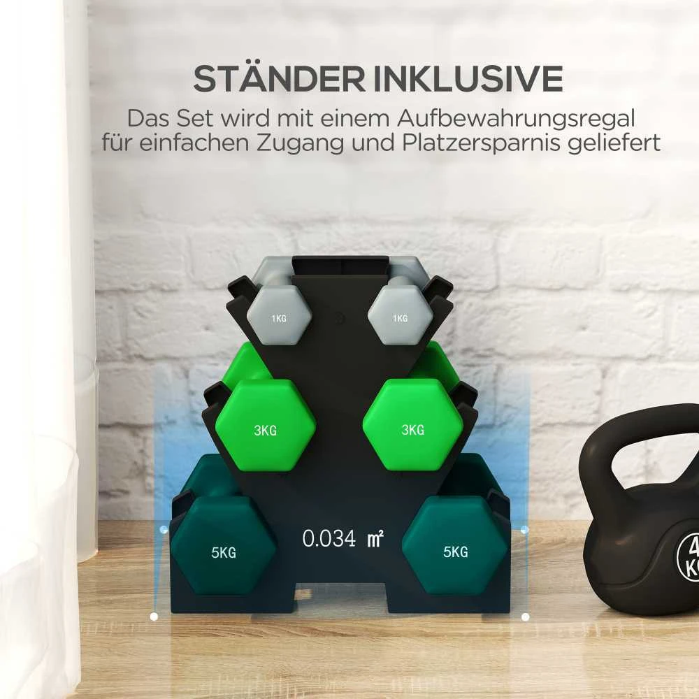 SPORTNOW hantelių rinkinys, 6 hanteliai su stovu, 2 x 1kg, 2 x 3kg, 2 x 5kg metalinis hantelių komplektas fitnesui, mankštai ir namams