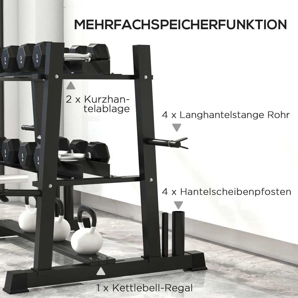 SPORTNOW hantelių stovas 3 lygių iki 200 kg, plieno, juodas, 131x75x80 cm
