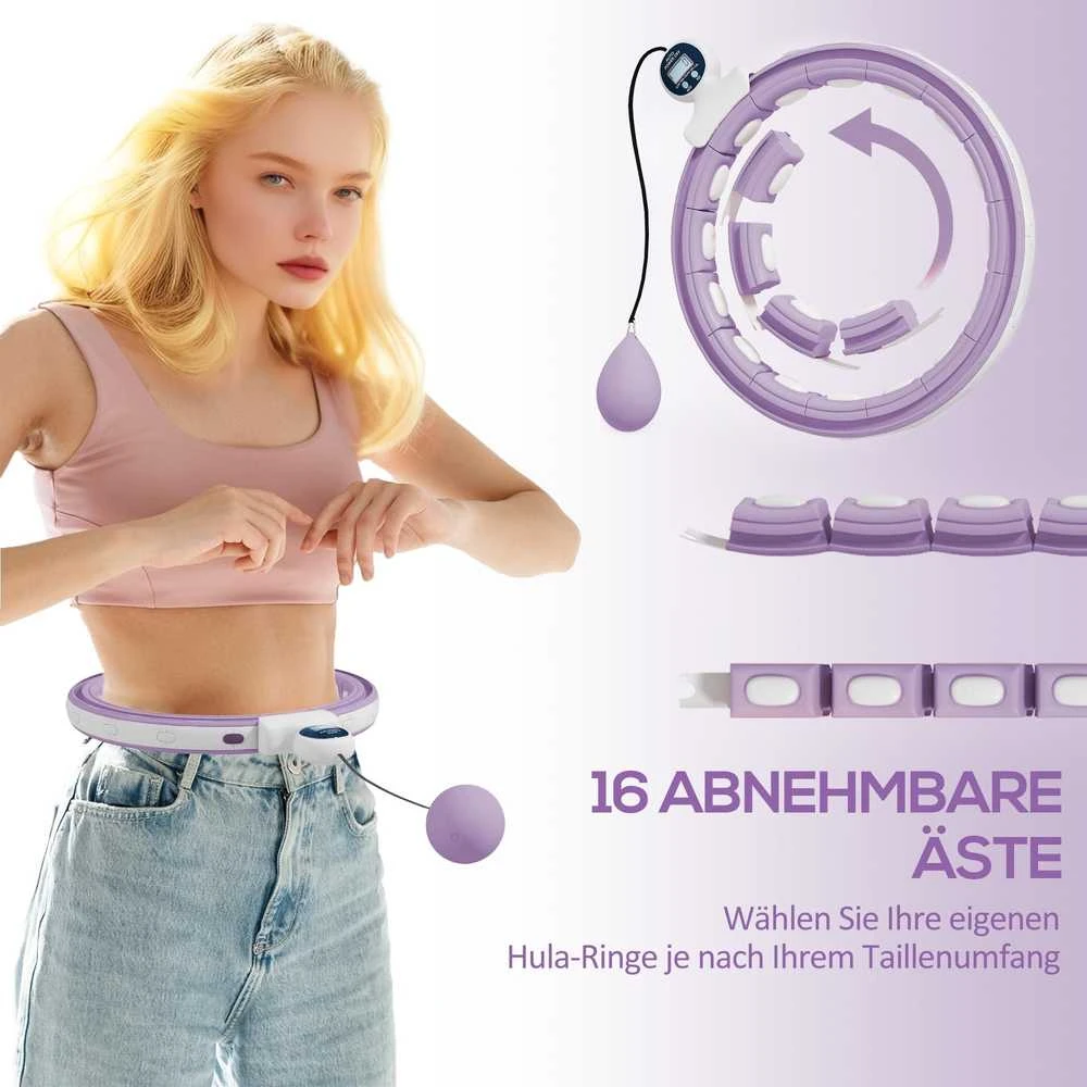 SPORTNOW išmanusis hula hoop lankas suaugusiems su svoriu, kamuoliuku ir skaitikliu, 16 dalių (76-113 cm), reguliuojamas, tylus, lieknėjimo įranga, „Infinity“ hula hoop, violetinės spalvos