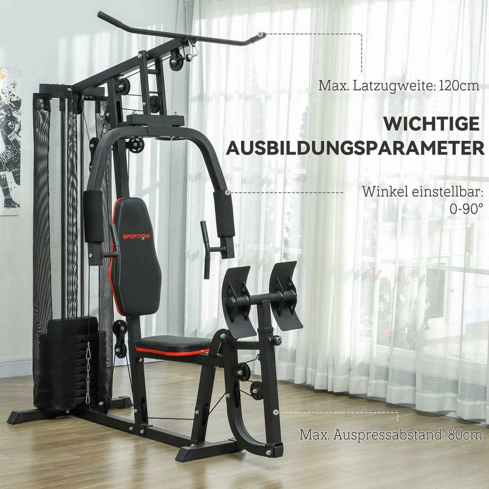 SPORTNOW daugiafunkcė treniruoklių stotelė, jėgos treniruoklis su lat traukos ir „drugelio“ rankenomis, kojų presu, 45 kg svorių bloku namams, juoda