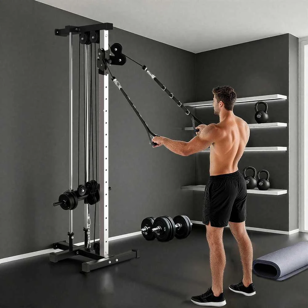 SPORTNOW reguliuojamo aukščio jėgos treniruoklis 25–165 cm su dvigubo skriemulio sistema ir adapteriais, daugiafunkcis treniruoklis iki 120 kg, namų treniruotėms, 62 x 60 x 200 cm, juodas