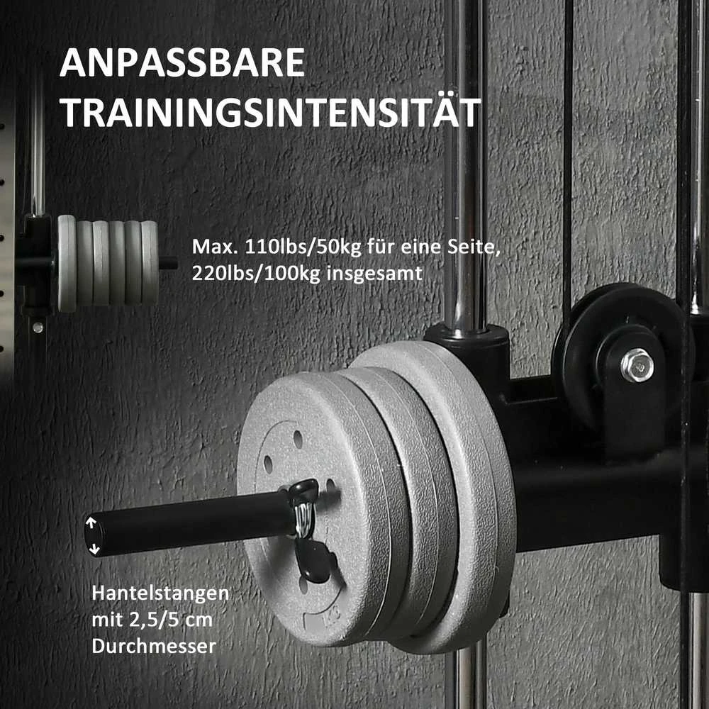 SPORTNOW reguliuojamo aukščio jėgos treniruoklis 25–165 cm su dvigubo skriemulio sistema ir adapteriais, daugiafunkcis treniruoklis iki 120 kg, namų treniruotėms, 62 x 60 x 200 cm, juodas