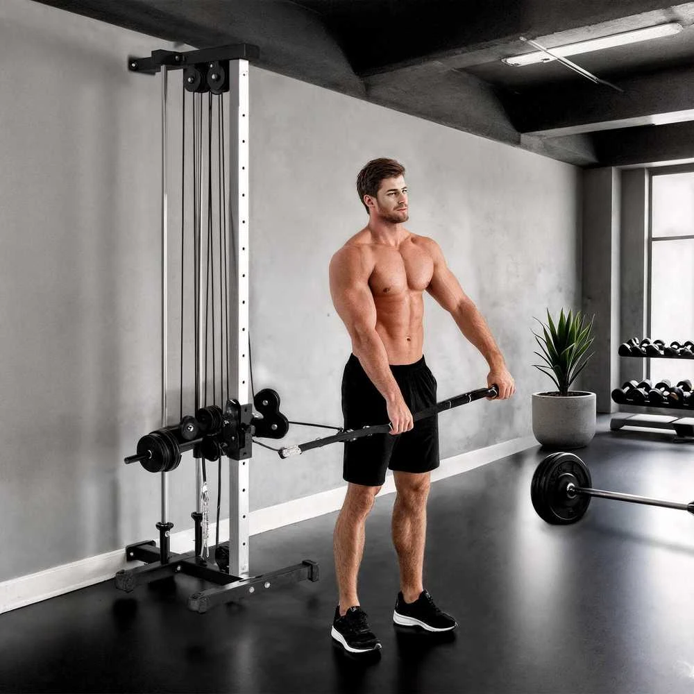 SPORTNOW reguliuojamo aukščio jėgos treniruoklis 25–165 cm su dvigubo skriemulio sistema ir adapteriais, daugiafunkcis treniruoklis iki 120 kg, namų treniruotėms, 62 x 60 x 200 cm, juodas