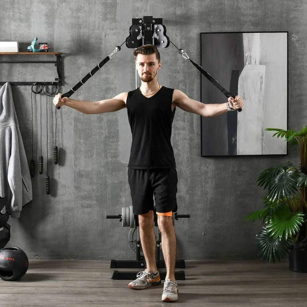 SPORTNOW reguliuojamo aukščio jėgos treniruoklis 25–165 cm su dvigubo skriemulio sistema ir adapteriais, daugiafunkcis treniruoklis iki 120 kg, namų treniruotėms, 62 x 60 x 200 cm, juodas