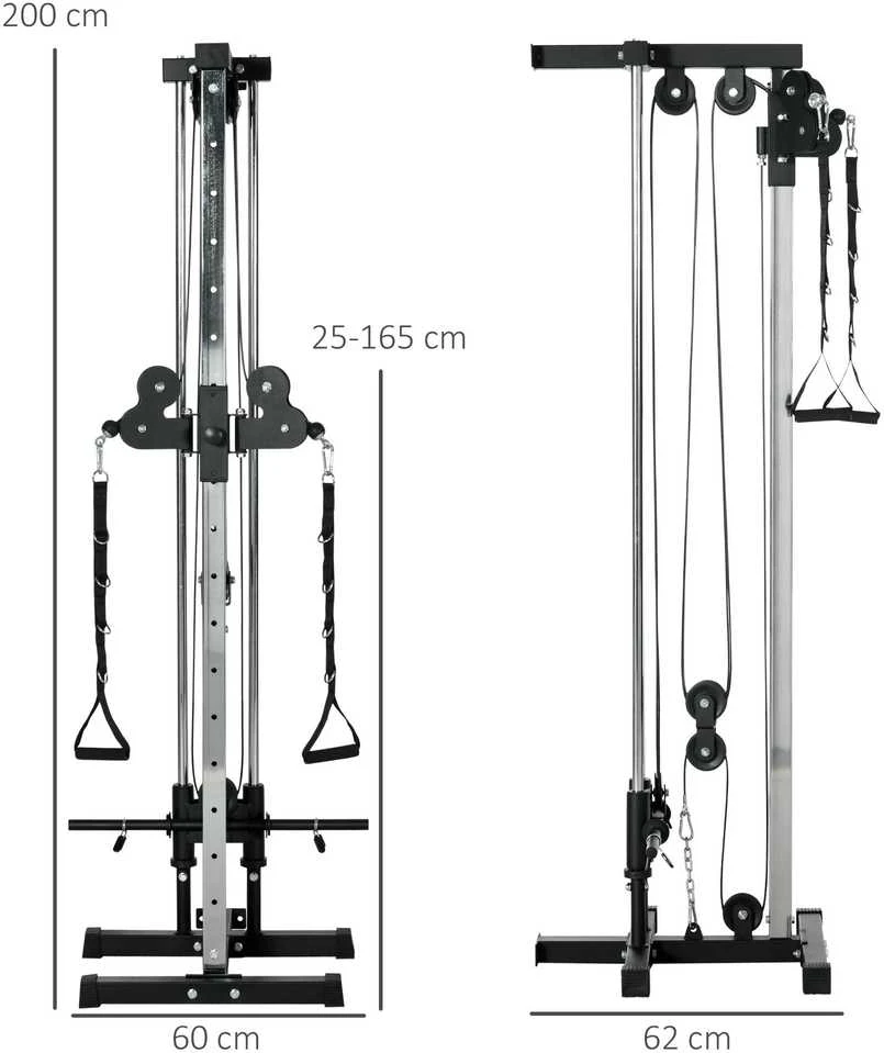 SPORTNOW reguliuojamo aukščio jėgos treniruoklis 25–165 cm su dvigubo skriemulio sistema ir adapteriais, daugiafunkcis treniruoklis iki 120 kg, namų treniruotėms, 62 x 60 x 200 cm, juodas