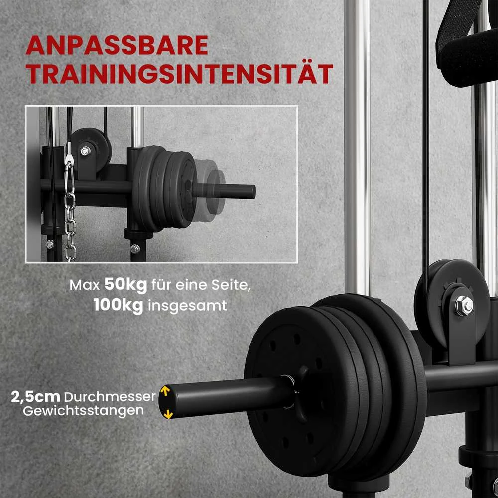 SPORTNOW reguliuojamo aukščio jėgos treniruoklis 25–165 cm su dvigubo skriemulio sistema ir adapteriais, daugiafunkcis treniruoklis iki 120 kg, namų treniruotėms, 62 x 60 x 200 cm, juodas