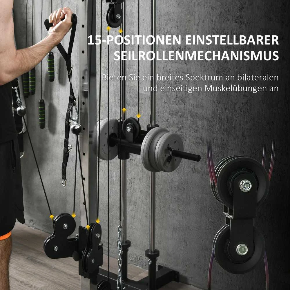 SPORTNOW reguliuojamo aukščio jėgos treniruoklis 25–165 cm su dvigubo skriemulio sistema ir adapteriais, daugiafunkcis treniruoklis iki 120 kg, namų treniruotėms, 62 x 60 x 200 cm, juodas