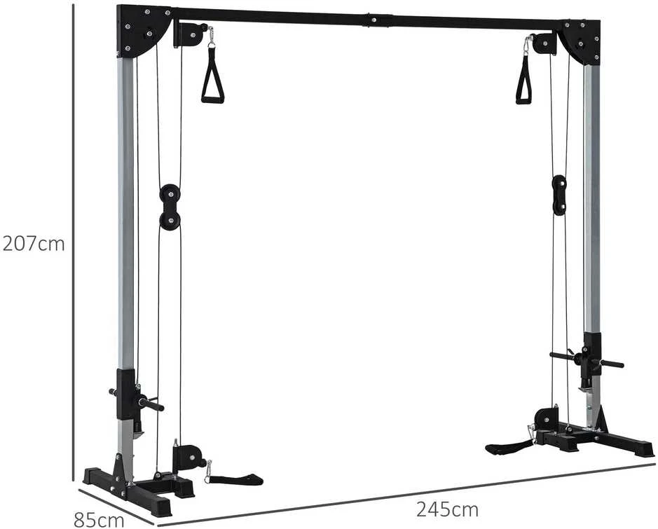 SPORTNOW kabelių treniruoklis namams, svoriai iki 50 kg kiekvienoje pusėje, kabelių stotis su rankenomis, laisvai pastatomas kabelių bokštas treniruotėms namuose, 245 x 207 cm
