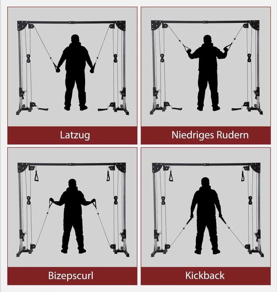 SPORTNOW kabelių treniruoklis namams, svoriai iki 50 kg kiekvienoje pusėje, kabelių stotis su rankenomis, laisvai pastatomas kabelių bokštas treniruotėms namuose, 245 x 207 cm