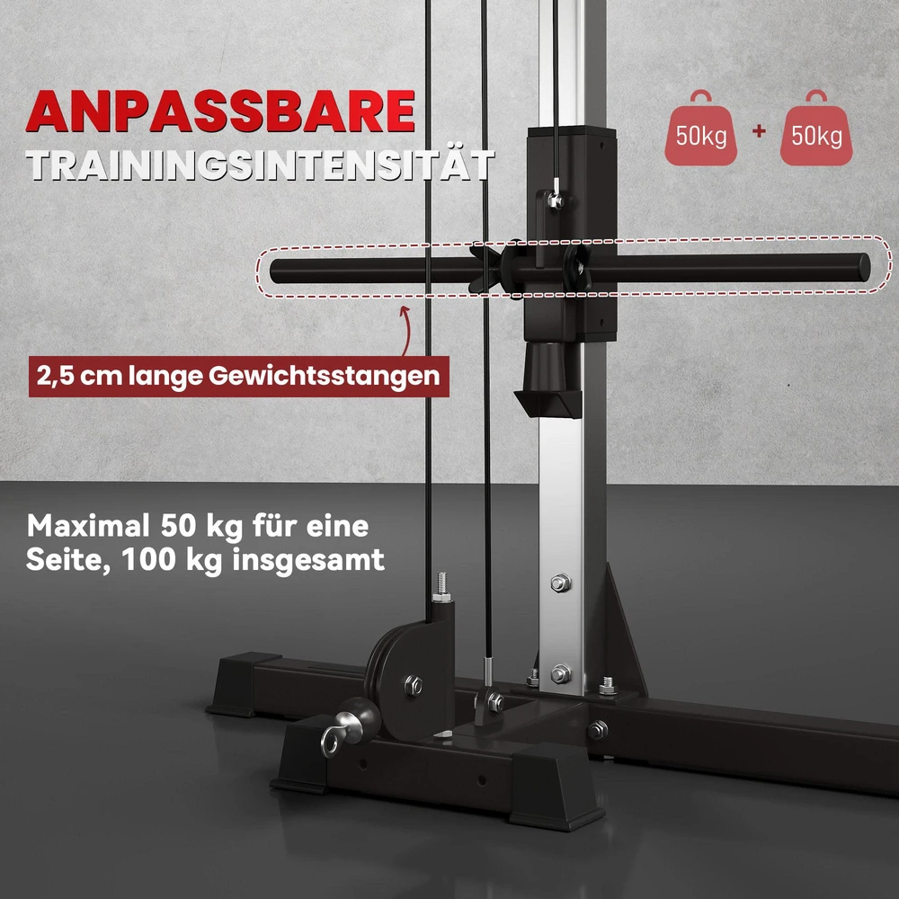 SPORTNOW kabelių treniruoklis namams, svoriai iki 50 kg kiekvienoje pusėje, kabelių stotis su rankenomis, laisvai pastatomas kabelių bokštas treniruotėms namuose, 245 x 207 cm