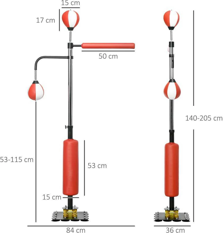 SPORTNOW pastatomas bokso maišas, 140-205 cm reguliuojamo aukščio bokso treniruoklis su 2 greičio kriaušėmis, refleksine lazda ir siurbtukiniu pagrindu suaugusiesiems