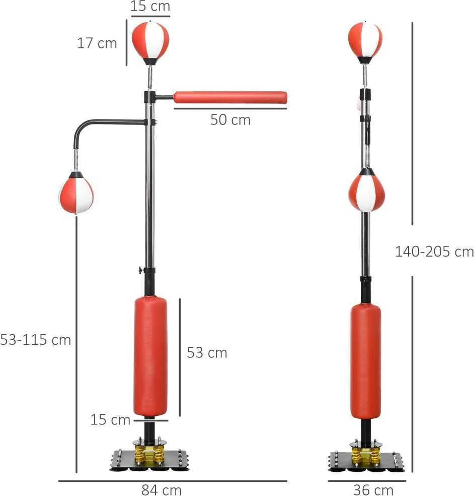 SPORTNOW pastatomas bokso maišas, 140-205 cm reguliuojamo aukščio bokso treniruoklis su 2 greičio kriaušėmis, refleksine lazda ir siurbtukiniu pagrindu suaugusiesiems