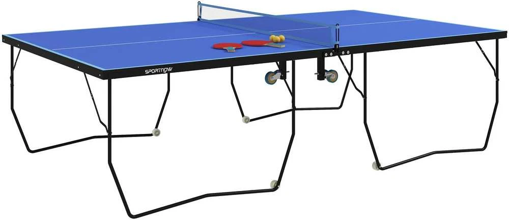SPORTNOW lauko stalo teniso stalas, sulankstomas stalo teniso stalas su tinklu, ratukais, 2 stalo teniso raketėmis, 3 kamuoliukais, plieno, mėlynas, 274x152,5x76 cm