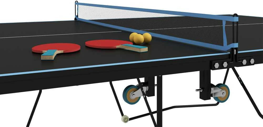 SPORTNOW lauko stalo teniso stalas, sulankstomas stalo teniso stalas su tinkleliu, ratukais, 2 raketėmis ir 3 kamuoliukais, plieno, juodas, 274 x 152,5 x 76 cm