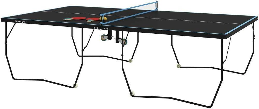 SPORTNOW lauko stalo teniso stalas, sulankstomas stalo teniso stalas su tinkleliu, ratukais, 2 raketėmis ir 3 kamuoliukais, plieno, juodas, 274 x 152,5 x 76 cm