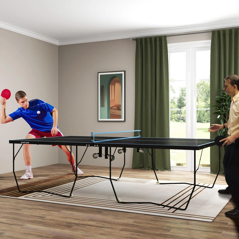 SPORTNOW lauko stalo teniso stalas, sulankstomas stalo teniso stalas su tinkleliu, ratukais, 2 raketėmis ir 3 kamuoliukais, plieno, juodas, 274 x 152,5 x 76 cm